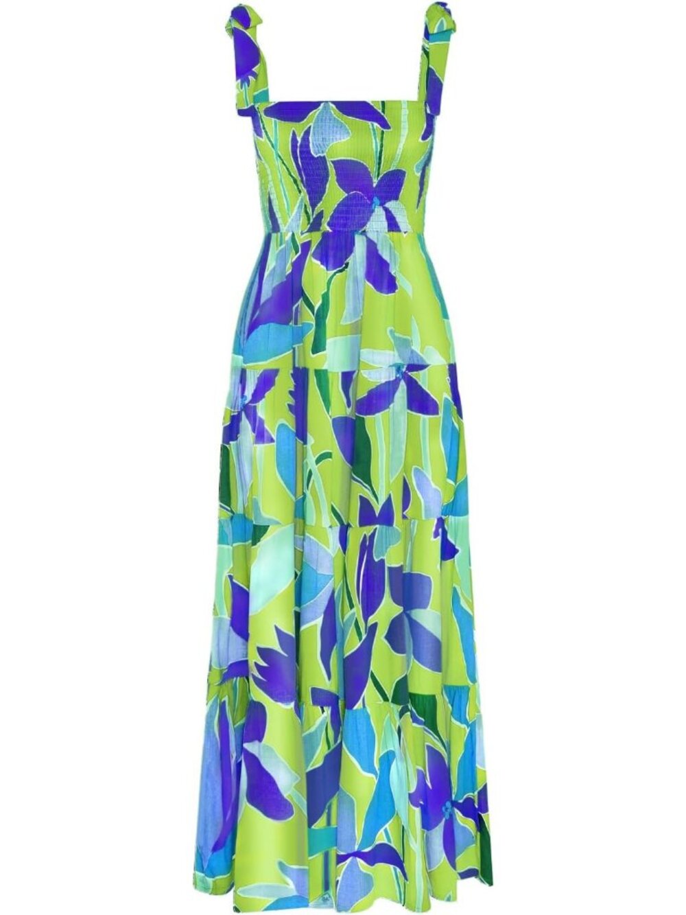 Women's Green Floral 1 Sleeveless Square Neck Ruffle Flowy Imported Maxi Dress